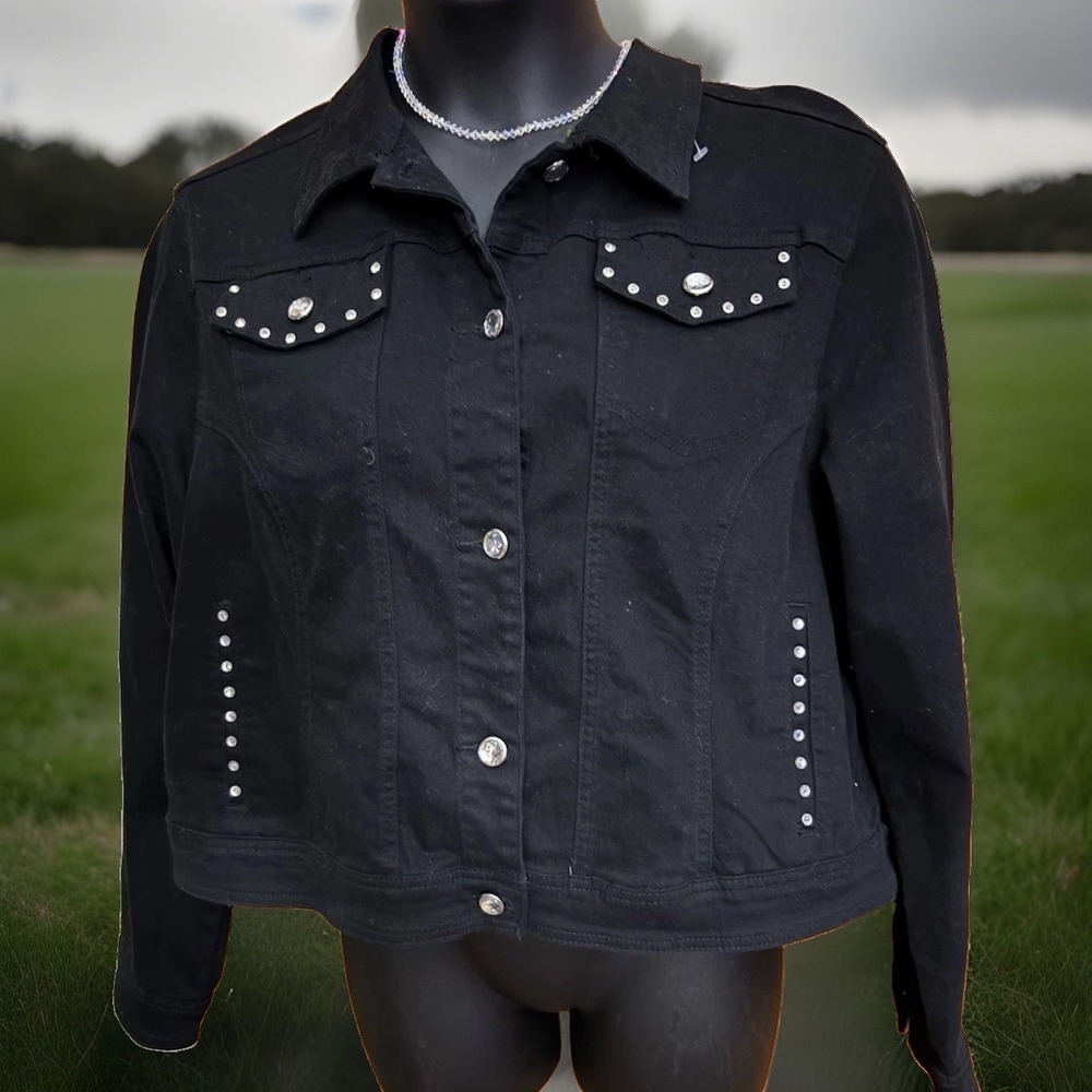 Women's Earl Jean Black Jean Jacket With Rhinestone Buttons Accents Size 22:24